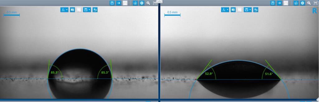 Contact angle before and after treatment