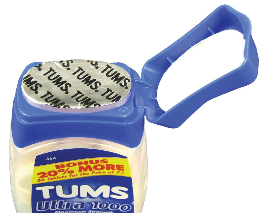 The Tums® package is considered a breakthrough. It is believed to be the first oval-shaped bottle finish to receive an induction seal with a snap-on cap.