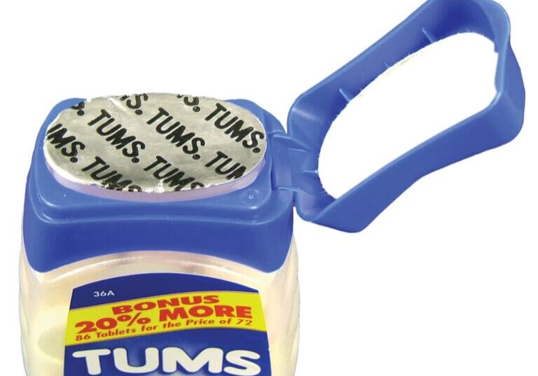 The Tums® package is considered a breakthrough. It is believed to be the first oval-shaped bottle finish to receive an induction seal with a snap-on cap.
