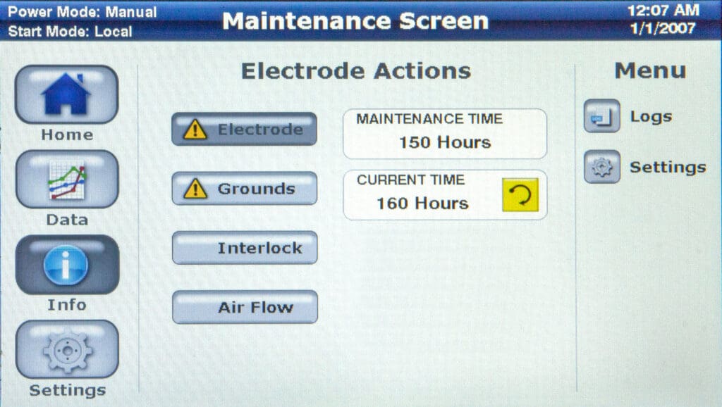 compak-pro-maintenance-screen-electrode-grounds-warning Compak™ Pro - Maintenance Screen